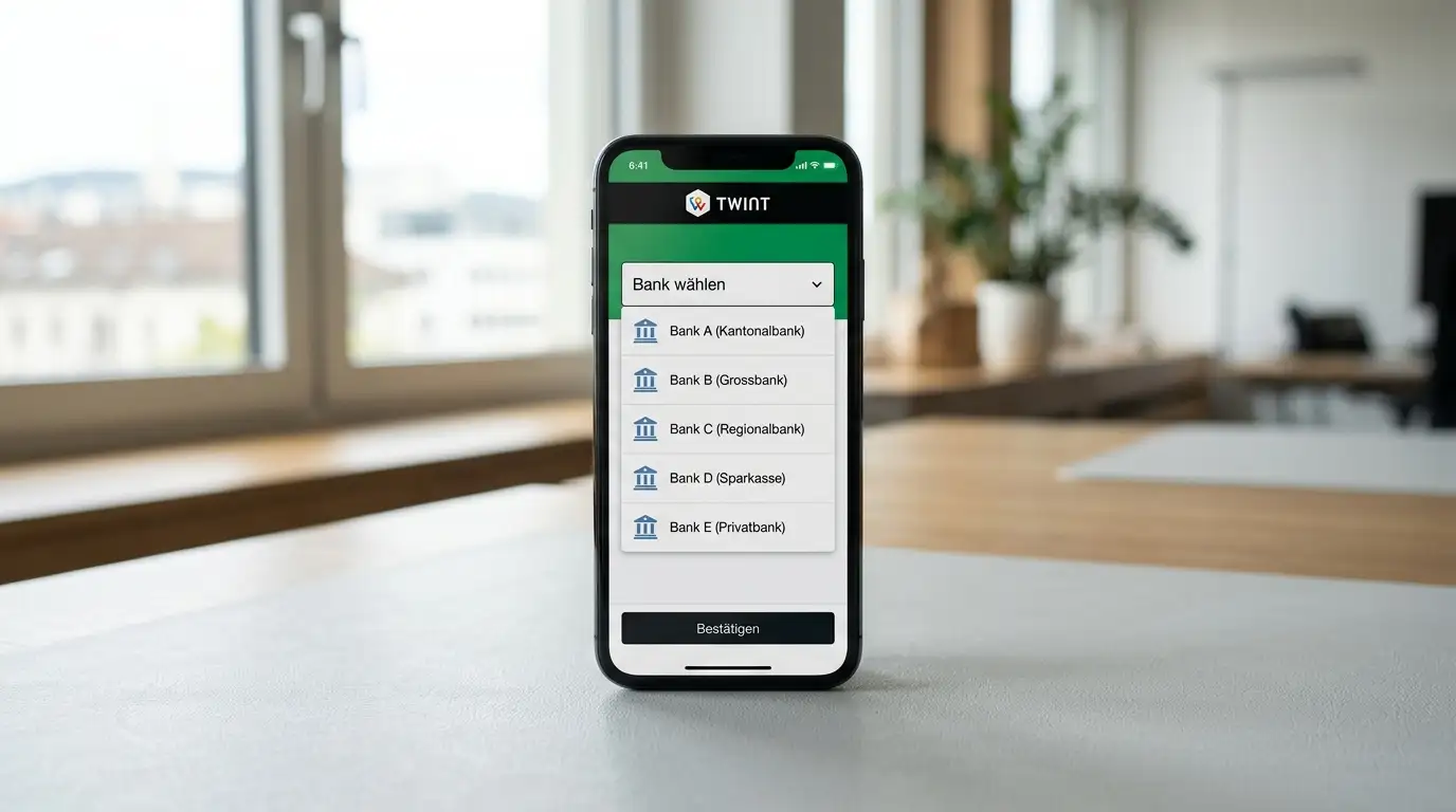 Schweizer Bankfilialen-Logos verschiedener Institute auf einem Smartphone-Bildschirm mit geöffneter TWINT-App
