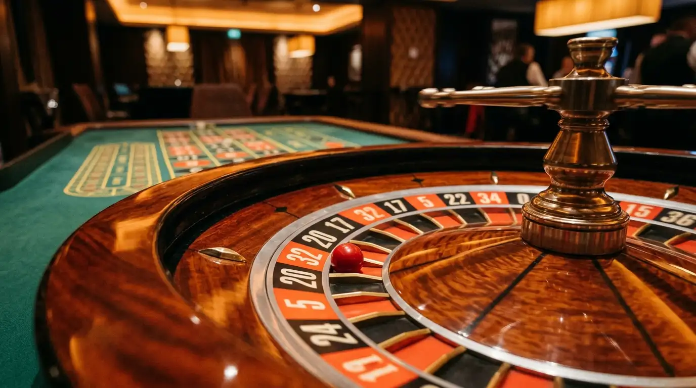 Klassischer Roulette-Kessel mit roter Kugel auf grünem Filz im Schweizer Casino