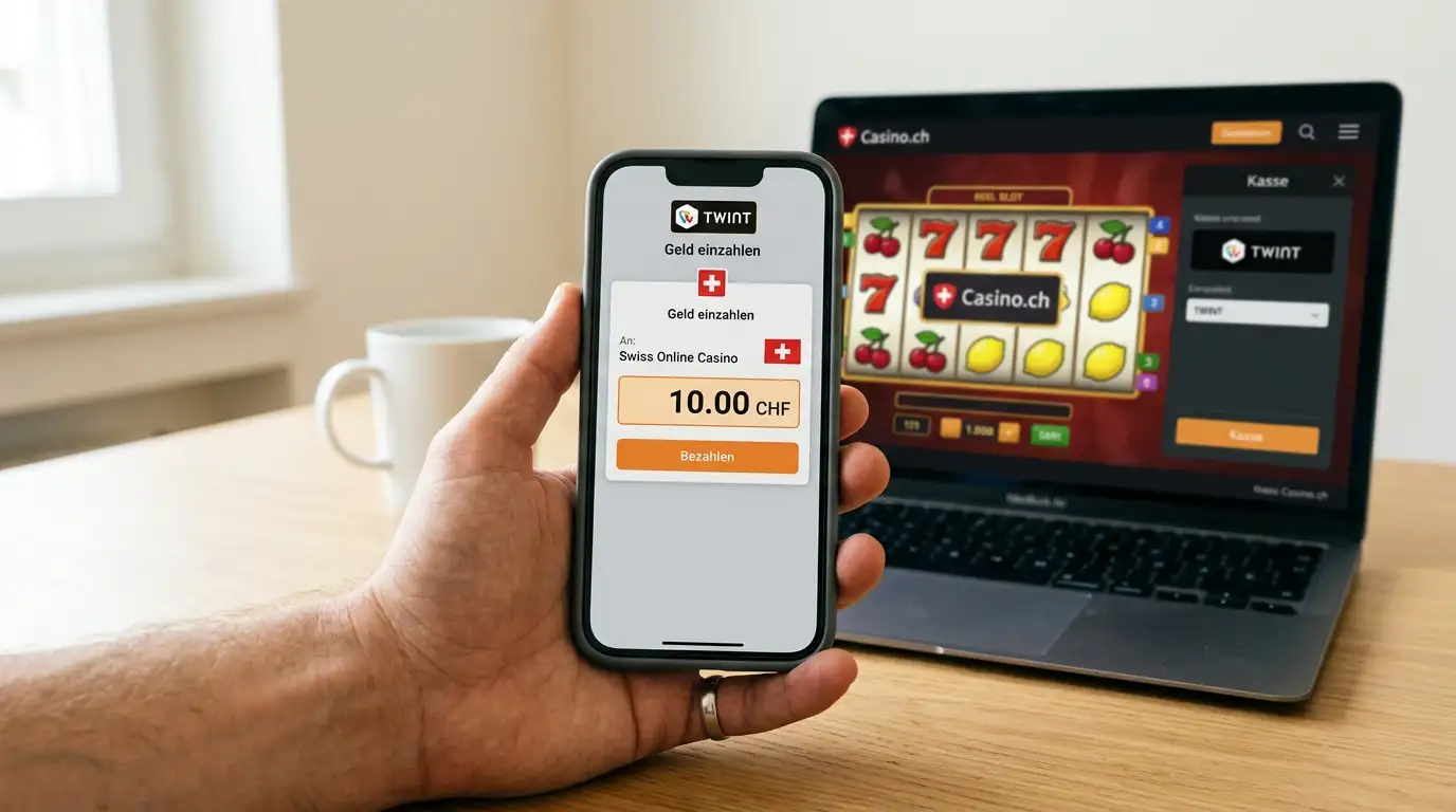 Smartphone mit TWINT-Einzahlungsdialog für CHF 10 vor einem Schweizer Online-Casino-Slot-Bildschirm