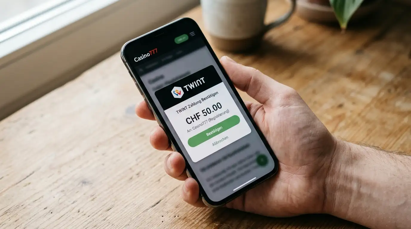 Casino777-Plattform auf einem Smartphone mit TWINT-Bezahlmaske im Schweizer Casino