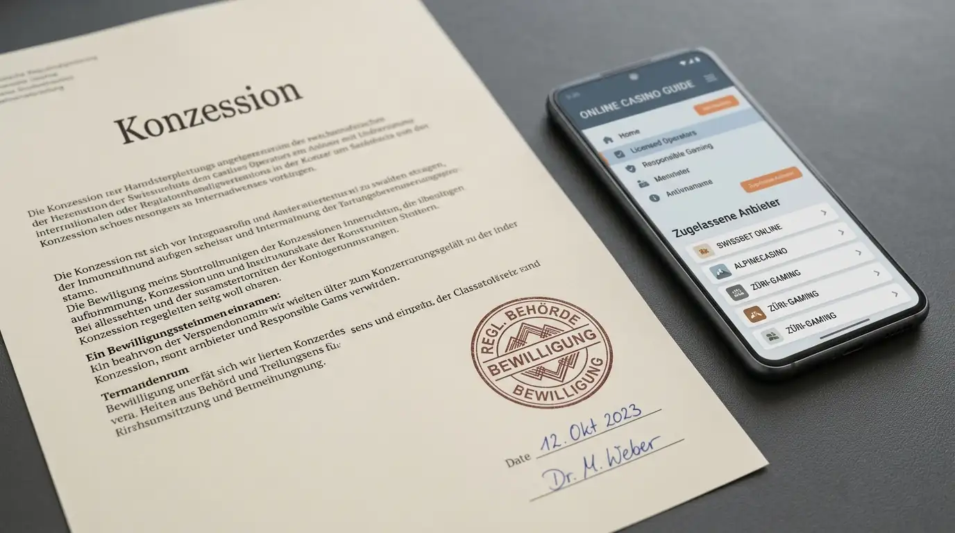 Schweizer ESBK-Konzessionsurkunde neben Smartphone mit TWINT-Casino-Plattform-Übersicht