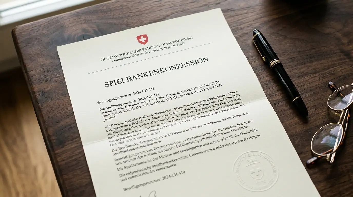 Behördliches Konzessionsdokument für ein lizenziertes Schweizer Online-Casino mit eidgenössischem Siegel