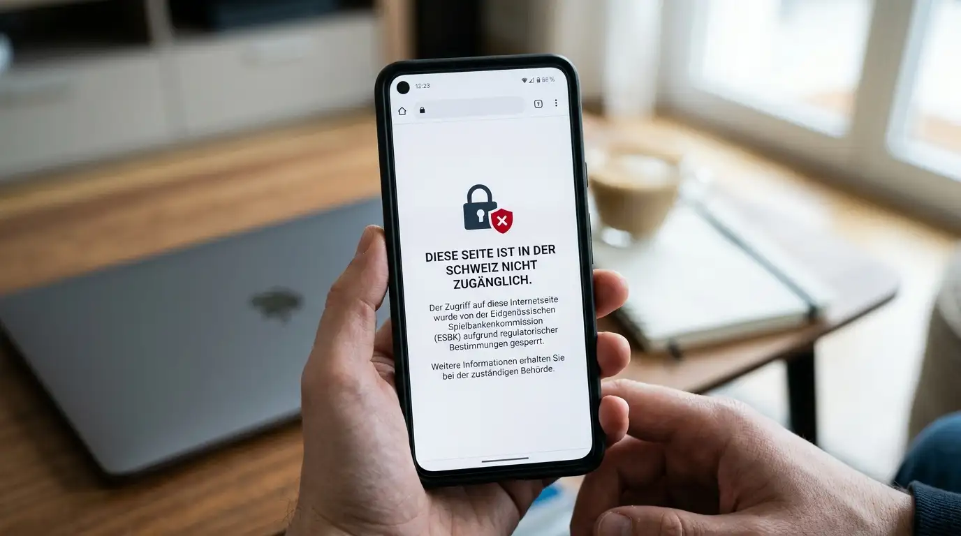 Smartphone mit DNS-Sperre-Warnmeldung der ESBK vor einem illegalen Online-Casino