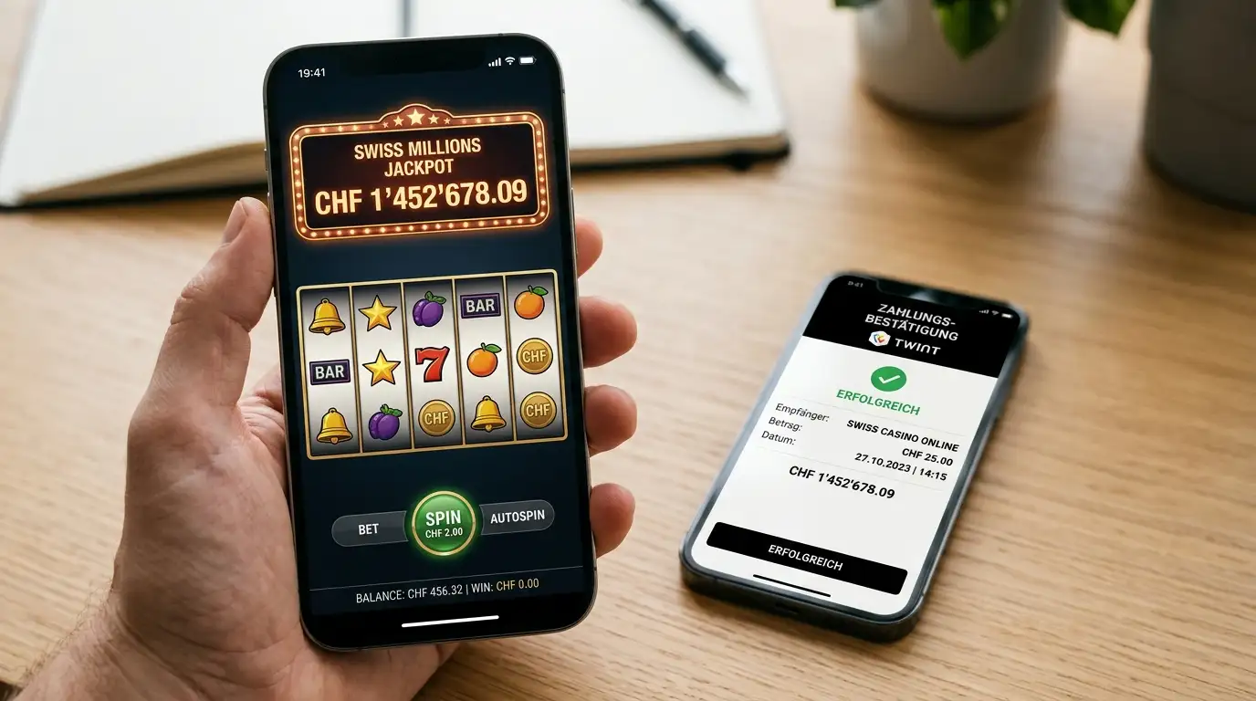 Schweizer Smartphone mit progressivem Jackpot-Slot, sichtbarem Jackpot-Pool-Zähler und Slot-Walzen, daneben TWINT-Einzahlungsbestätigung