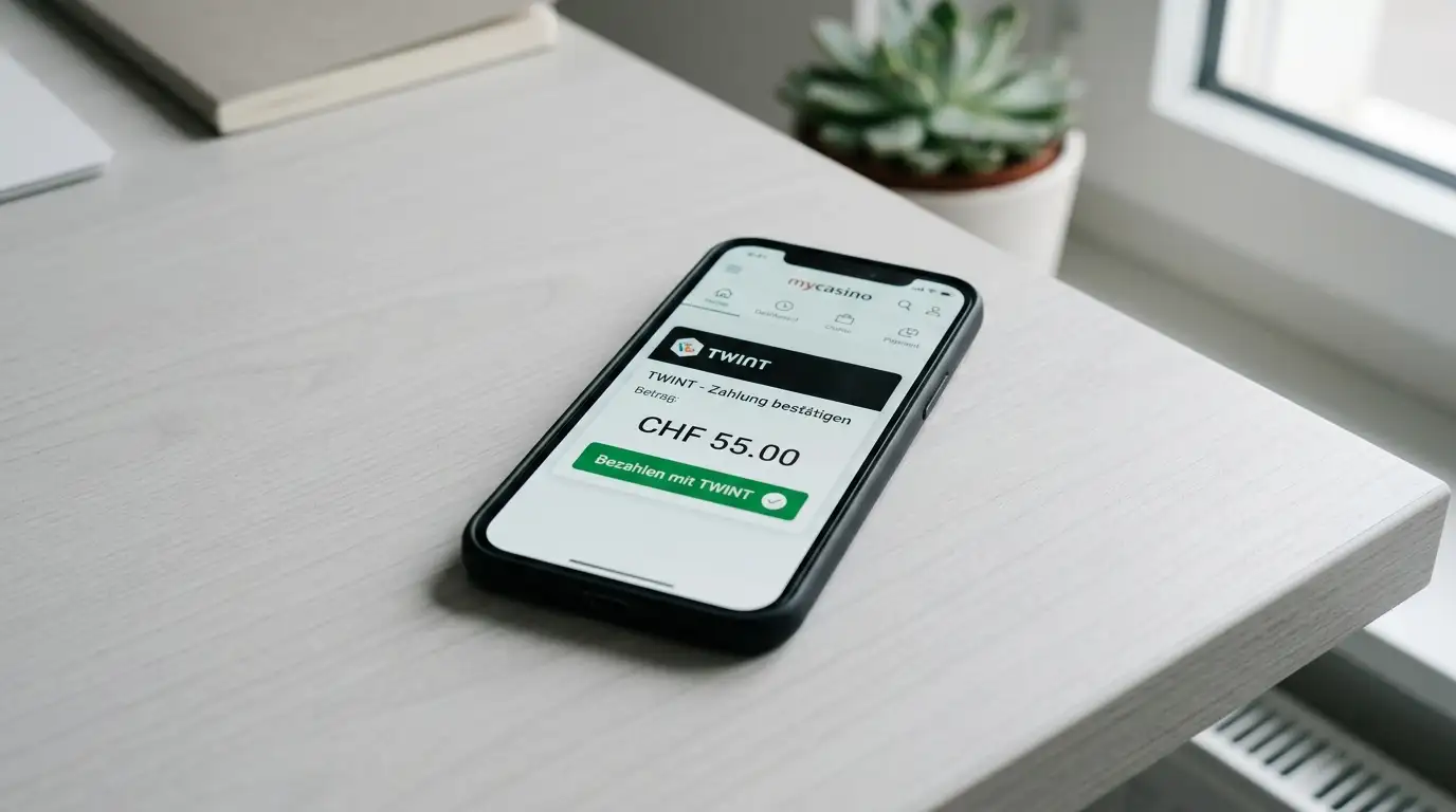 mycasino-Plattform auf einem Smartphone mit Schweizer TWINT-Bezahlbildschirm im Vordergrund