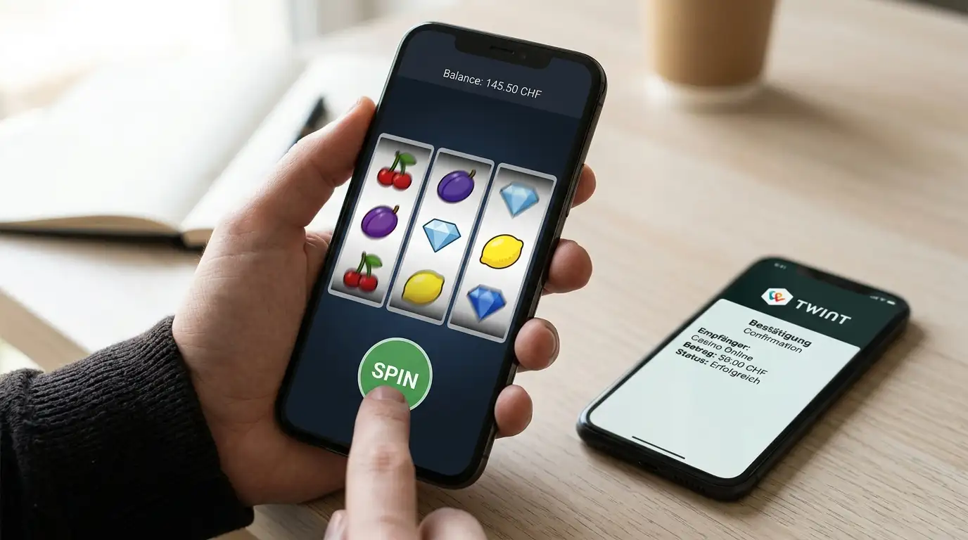 Schweizer Smartphone mit Online-Slot-Spiel und sichtbaren Walzen samt Symbolen, daneben TWINT-Einzahlungsbestätigung im Cashier