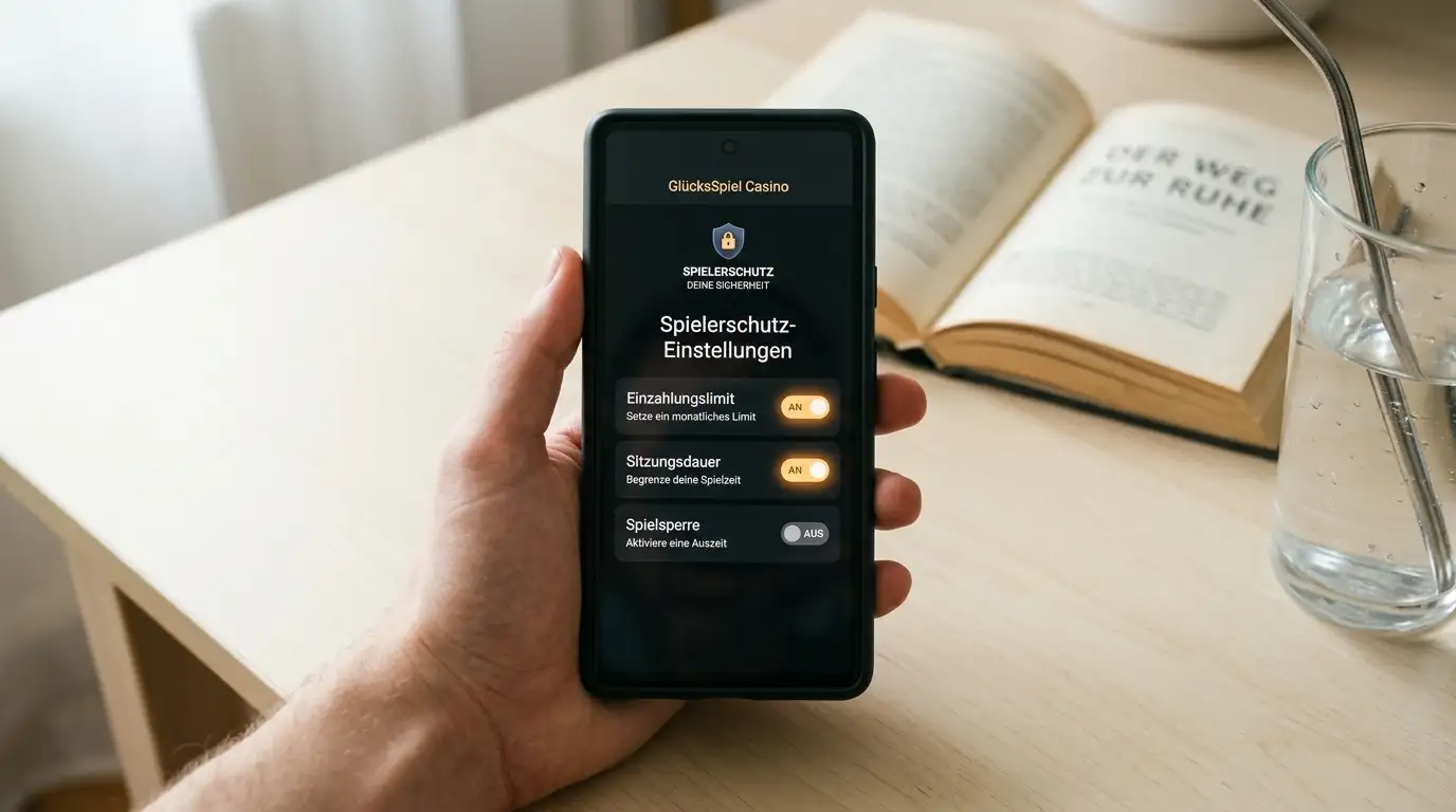 Smartphone-Bildschirm zeigt aktivierte Einzahlungslimits und Spielsperre-Optionen eines Schweizer Online-Casinos
