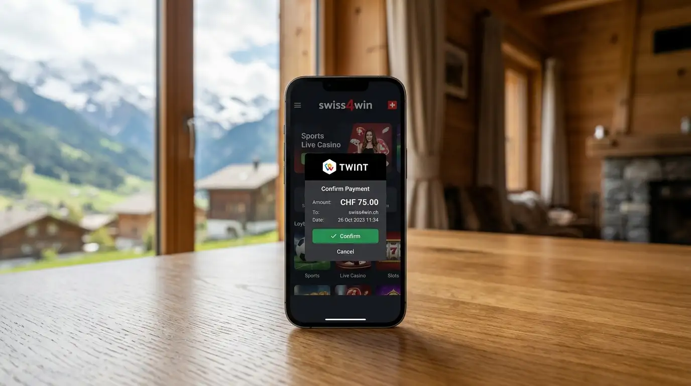swiss4win-Casino-Plattform auf einem Schweizer Smartphone mit TWINT-Bezahlfenster