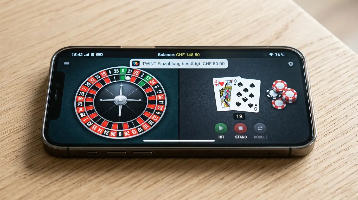 Online-Tischspiel-Oberfläche mit Roulette-Kessel und Blackjack-Karten samt Chips auf einem Schweizer Smartphone, TWINT-Einzahlungsmaske eingeblendet