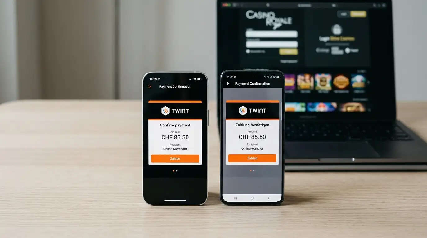 iPhone und Android-Gerät nebeneinander mit geöffneter TWINT-App und Casino-Login-Bildschirm