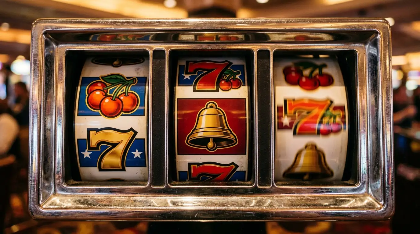 Klassische Spielautomaten-Walzen mit Kirschen-, Sieben- und Glocken-Symbolen in Bewegung