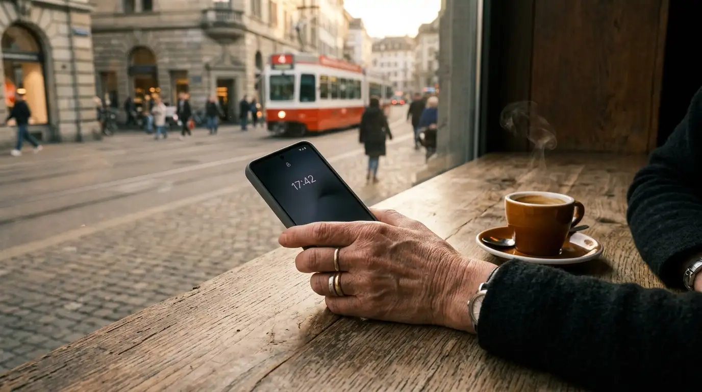 Smartphone in der Hand eines Schweizer Spielers im Café bei der TWINT-Casino-Einzahlung
