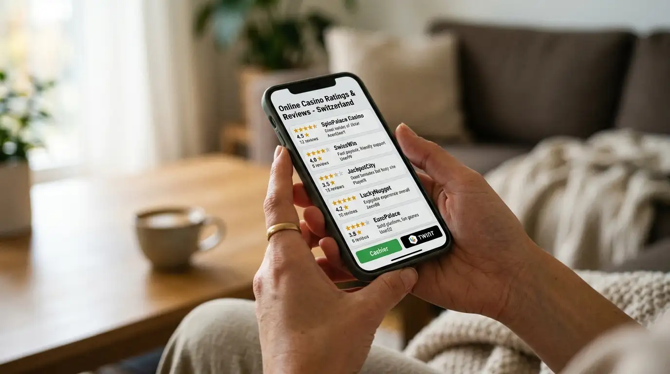 Schweizer Spieler nutzt TWINT auf einem Smartphone in einem Online-Casino mit eingeblendeten Erfahrungsberichten