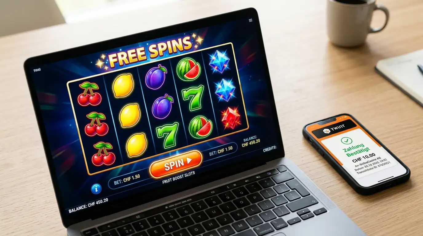 Slot-Walzen mit Freispiel-Symbol neben einer TWINT-Einzahlungs-Bestätigung