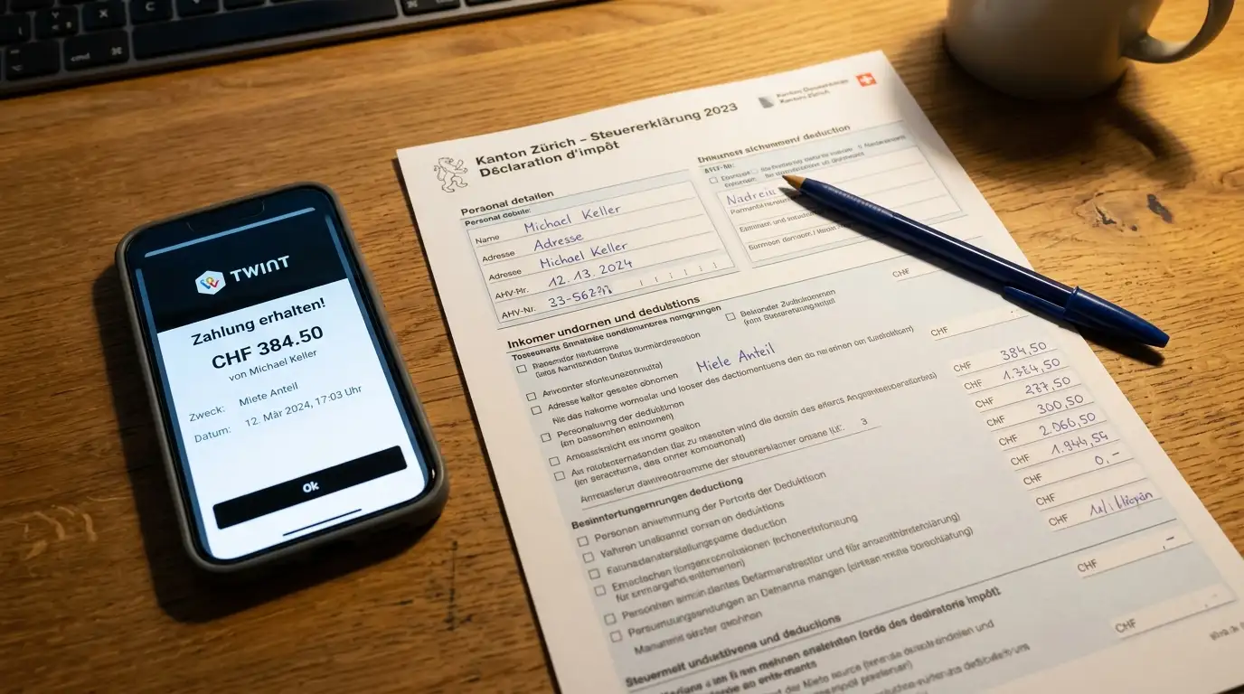 Schweizer Steuerformular mit Casino-Gewinnabrechnung neben Smartphone mit TWINT-Empfangsbestätigung