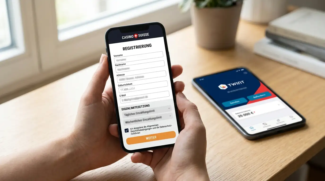 Schweizer Smartphone mit Registrierungsformular eines TWINT-Casinos und im Hintergrund offene TWINT-App