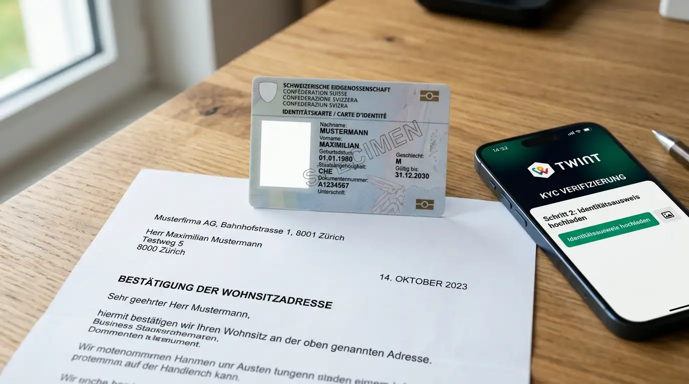 Schweizer Identitätskarte und Wohnsitzbestätigung neben Smartphone mit TWINT-Casino-KYC-Maske