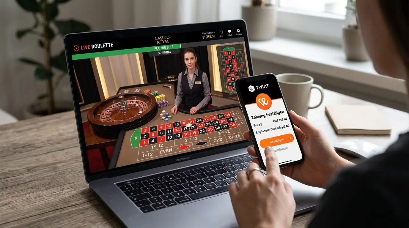 Live-Dealer-Roulette-Tisch mit TWINT-Bezahl-Overlay auf dem Bildschirm