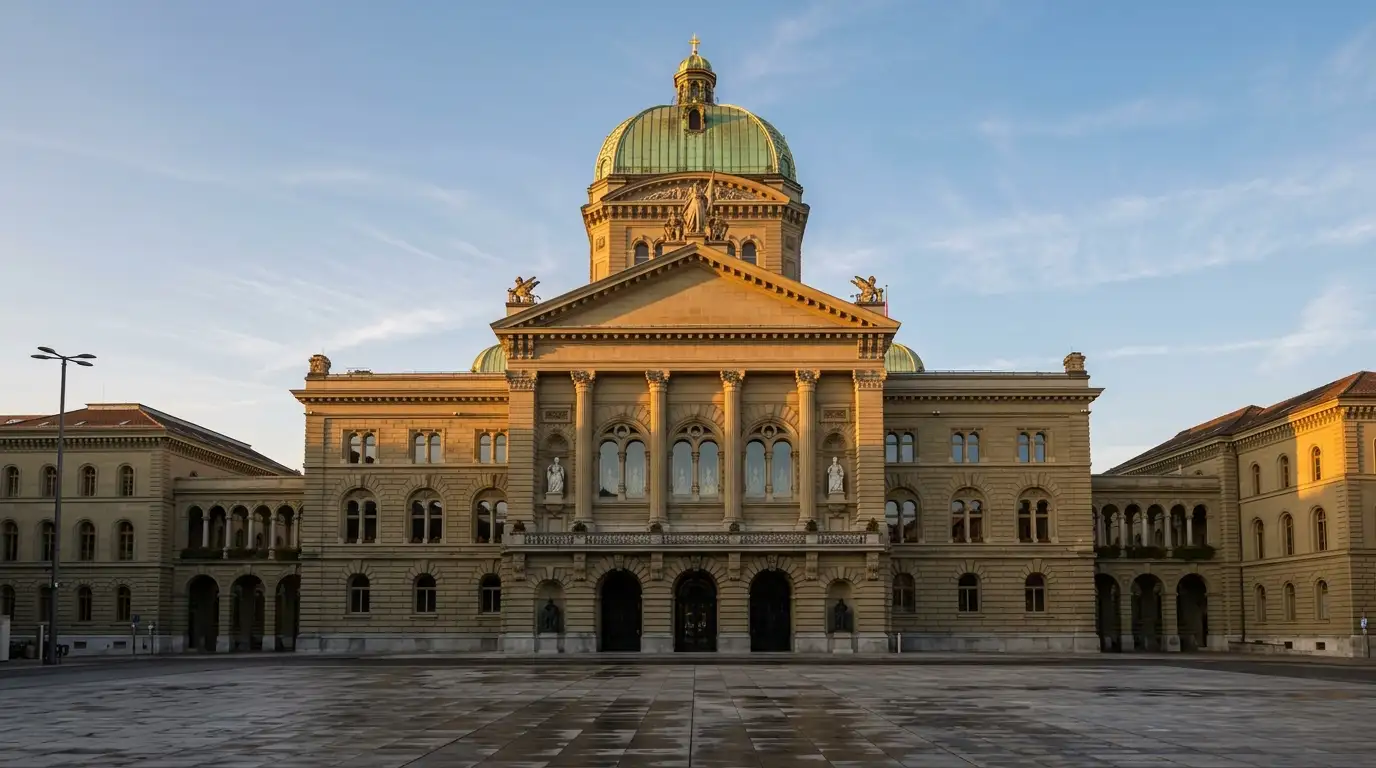 Schweizer Bundeshaus in Bern in der Abenddämmerung als Symbol der ESBK-Regulierung