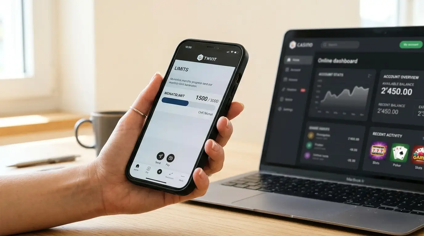TWINT-App mit Monatslimit-Anzeige neben einem Schweizer Online-Casino-Dashboard