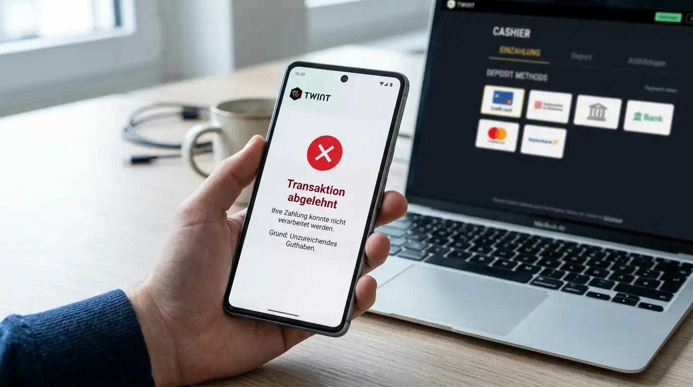 Schweizer Smartphone mit Fehlermeldung der TWINT-App vor einem Online-Casino-Cashier-Bildschirm