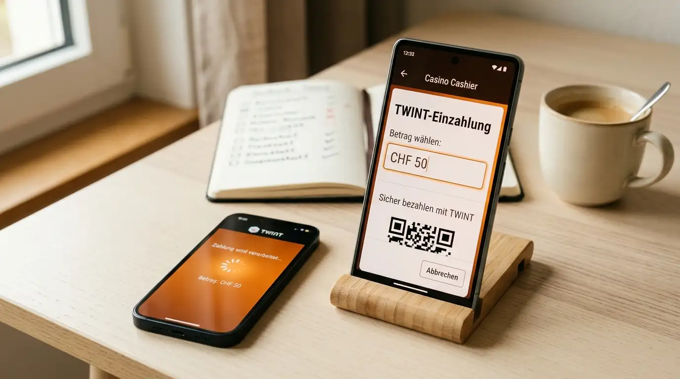 Hand hält Smartphone, auf dem die TWINT-App eine Einzahlung im Casino-Kassenbereich bestätigt