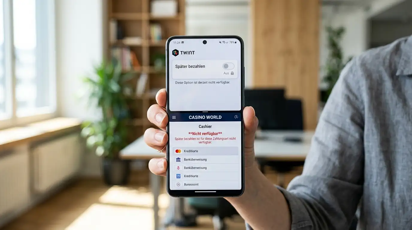 Schweizer Smartphone mit TWINT-Pay-Later-Funktion neben einem Casino-Cashier mit Hinweis auf nicht verfügbare Zahlungsmethode