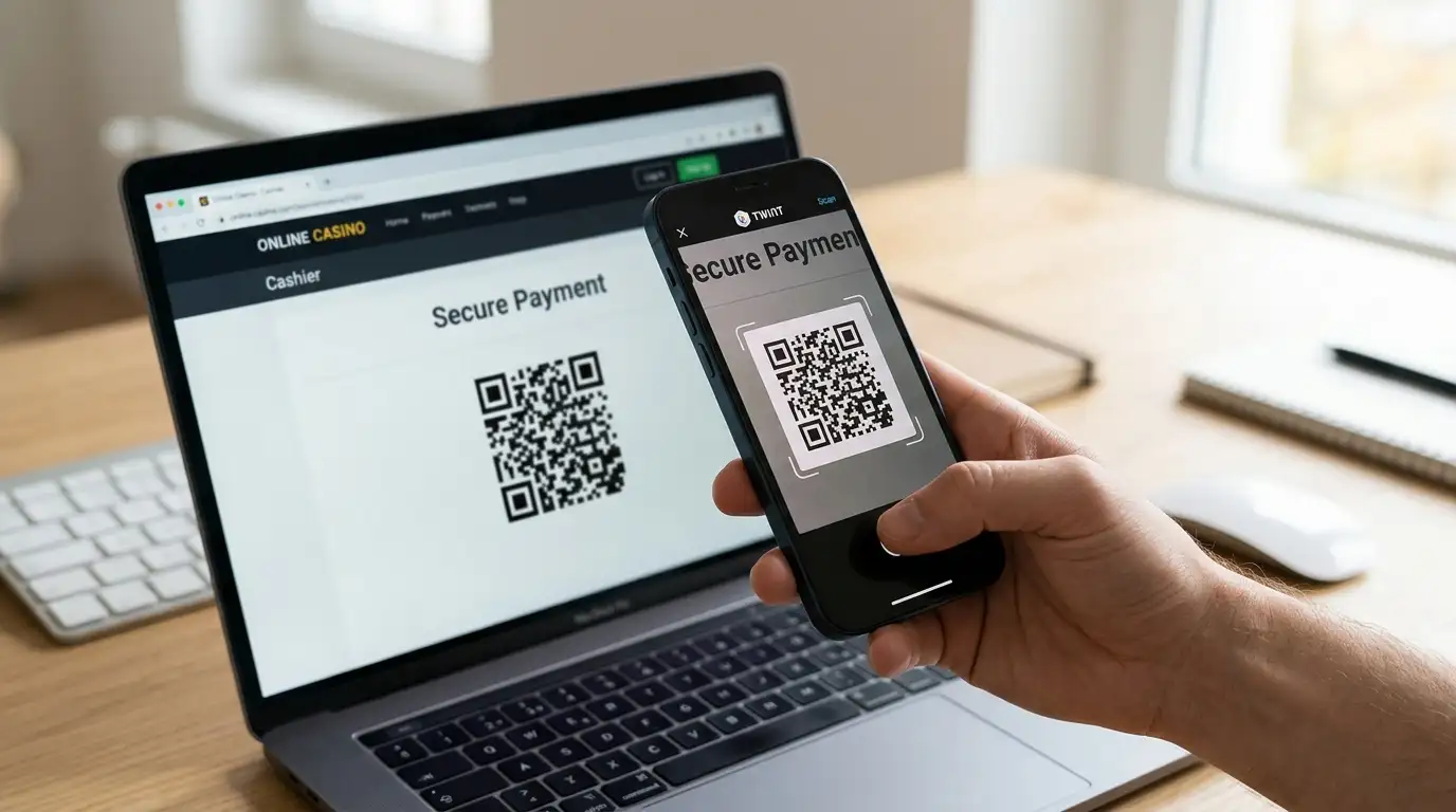 Schweizer Smartphone scannt TWINT-QR-Code auf einem Casino-Cashier-Bildschirm
