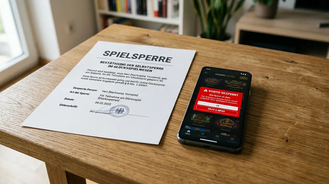 Schweizer ESBK-Spielsperre-Dokument neben Smartphone mit blockierter TWINT-Casino-Buchung