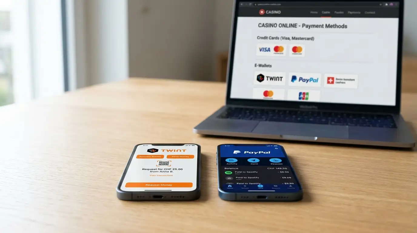 Vergleichsdarstellung von TWINT- und PayPal-Logos vor einem Schweizer Casino-Interface