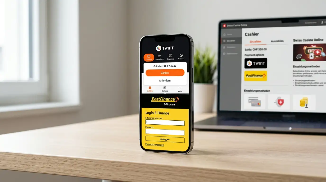 Smartphone-Bildschirm geteilt zwischen TWINT-App-Oberfläche und PostFinance-E-Finance-Login vor einem Casino-Kassenbereich