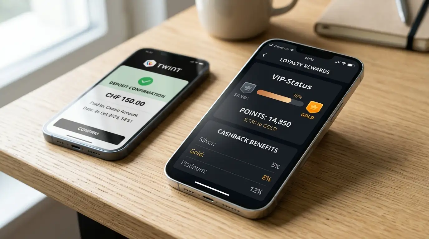 Schweizer Online-Casino-Loyalty-Dashboard mit VIP-Status und Punkten auf einem Smartphone neben TWINT-Buchungsmaske